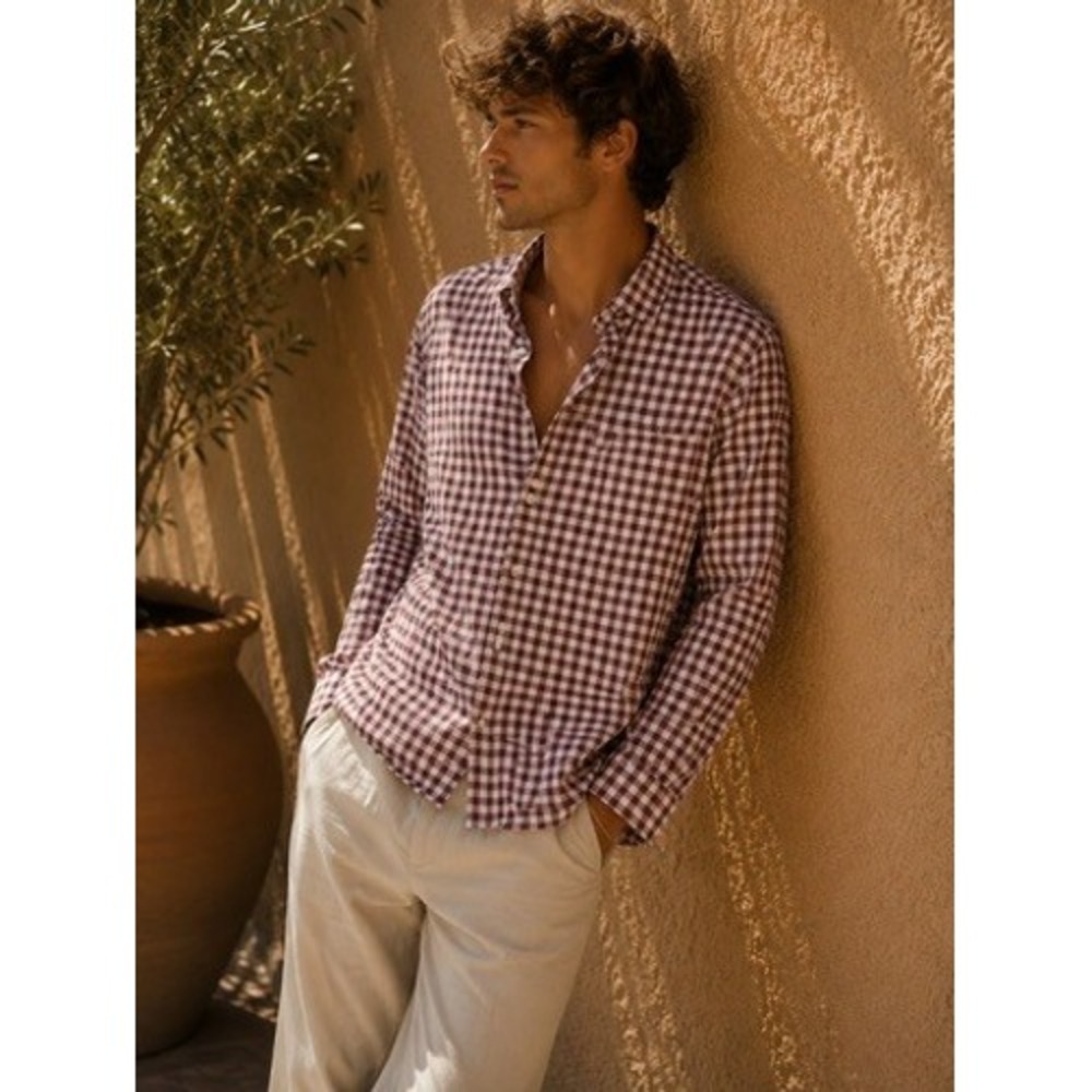 State And Liberty Burgundy Gingham Check Stretch Long Sleeve Button Down Shirt L
